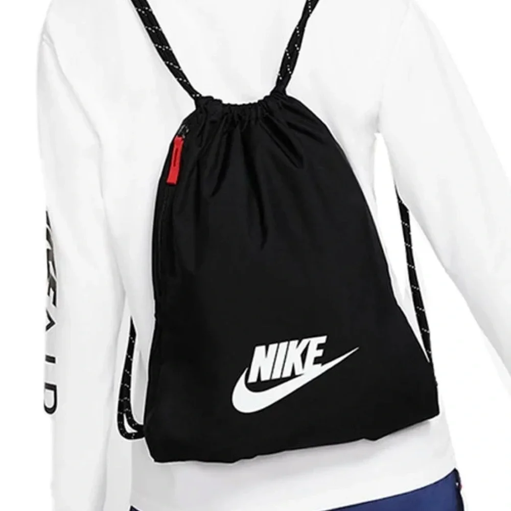Nike Black Drawstring Sports Sack with White Logo and Red Accent